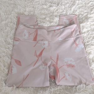 Fabletics leggings, blush pink with coral and white flowers
